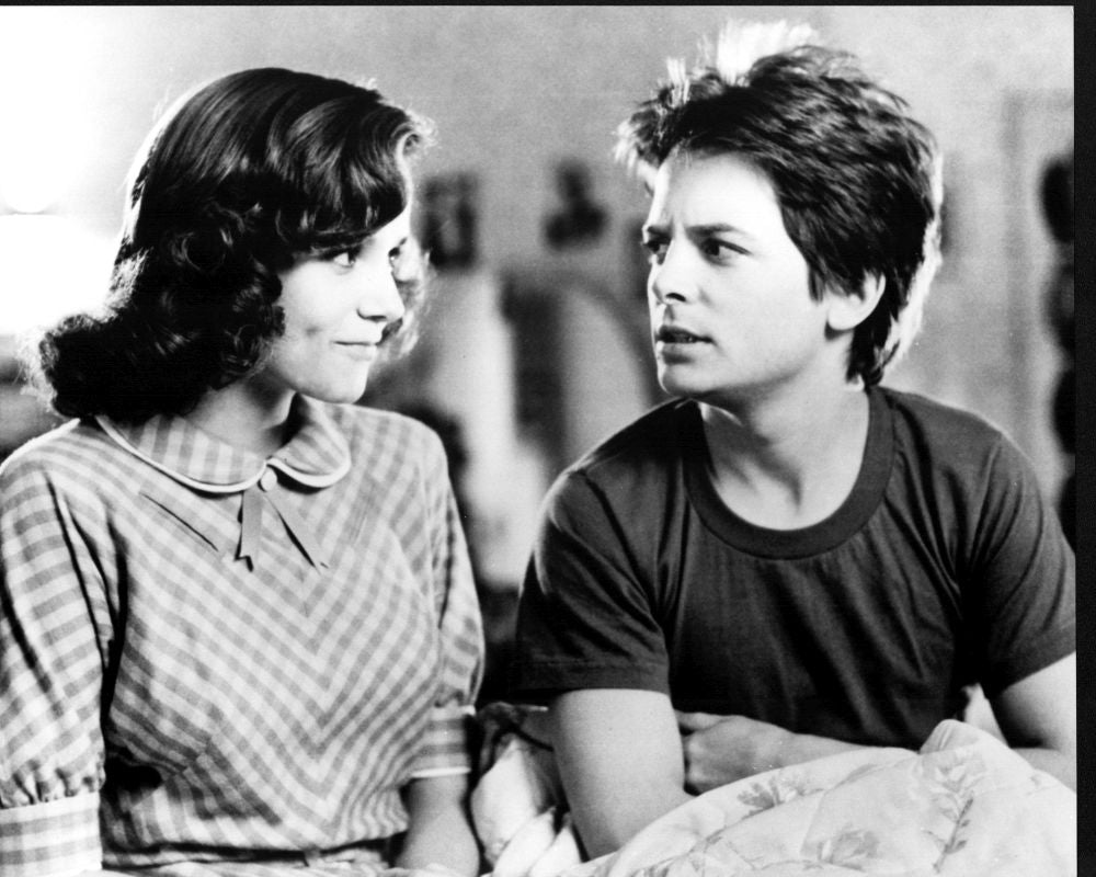 Lea Thompson and Michael J. Fox black and white photo print from Back to the Future