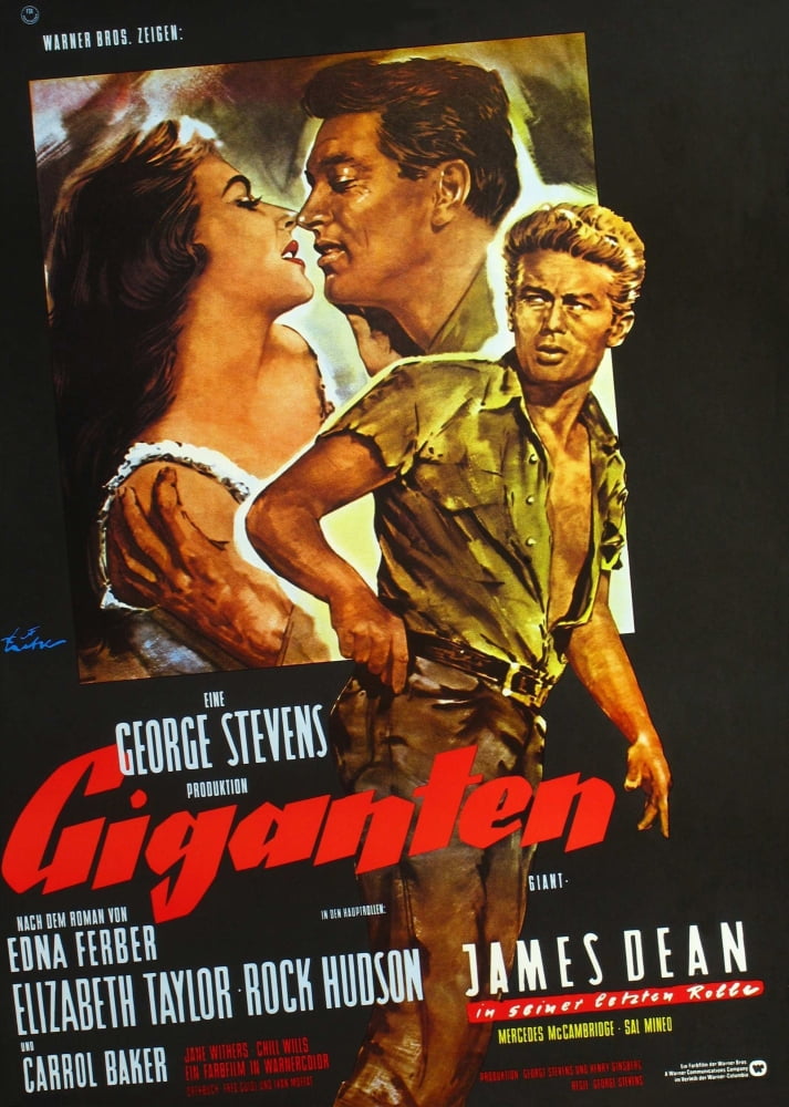 Giant movie poster featuring Elizabeth Taylor, Rock Hudson, and James Dean from the 1956 film.