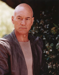 Patrick Stewart posed in gray suit portrait photo print.
