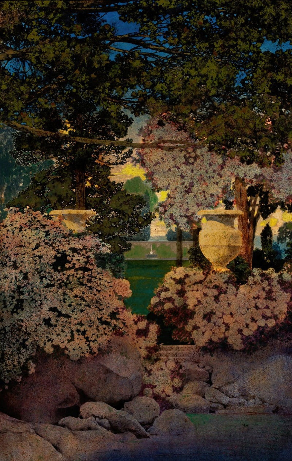 The Oaks art print by Maxfield Parrish showcasing majestic oak trees.