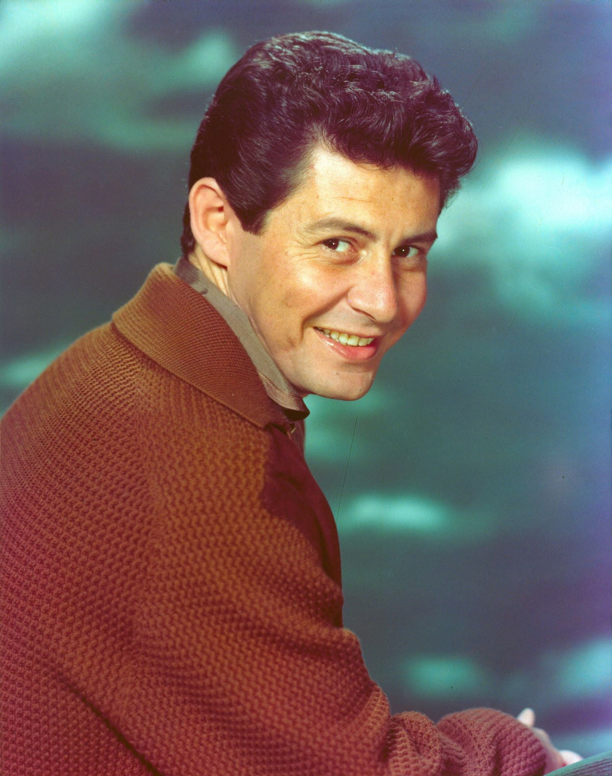 Eddie Fisher wearing a brown sweater portrait photo print, available in multiple sizes.
