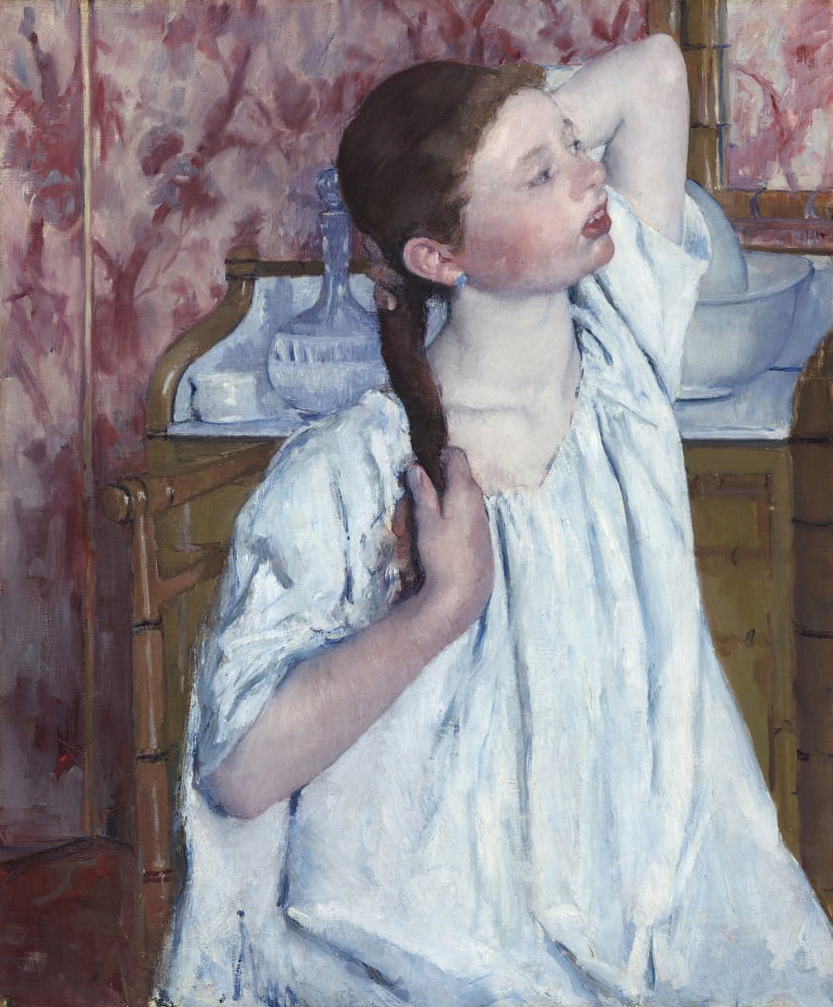 Girl Arranging Her Hair Art Print by Mary Cassatt, Oil on Canvas