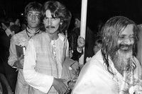 John Lennon, George Harrison, and Maharishi Mahesh Yogi photo print.