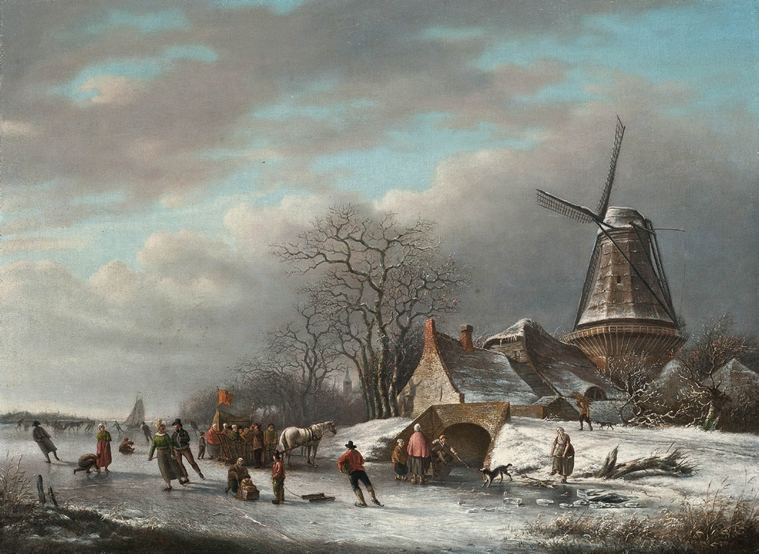 Skaters on a Dutch Waterway art print by Andreas Schelfhout, showcasing a winter landscape with a windmill.