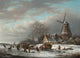 Skaters on a Dutch Waterway art print by Andreas Schelfhout, showcasing a winter landscape with a windmill.
