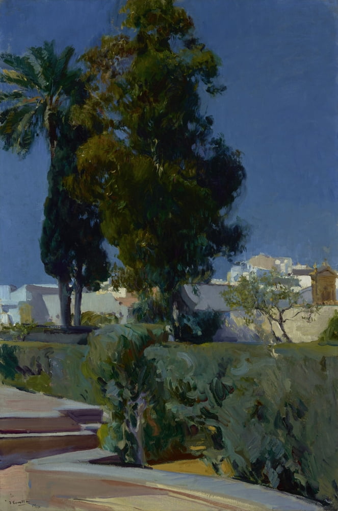 Corner of the Garden Alcazar Sevilla art print by Joaquin Sorolla, vibrant blue sky and lush greenery