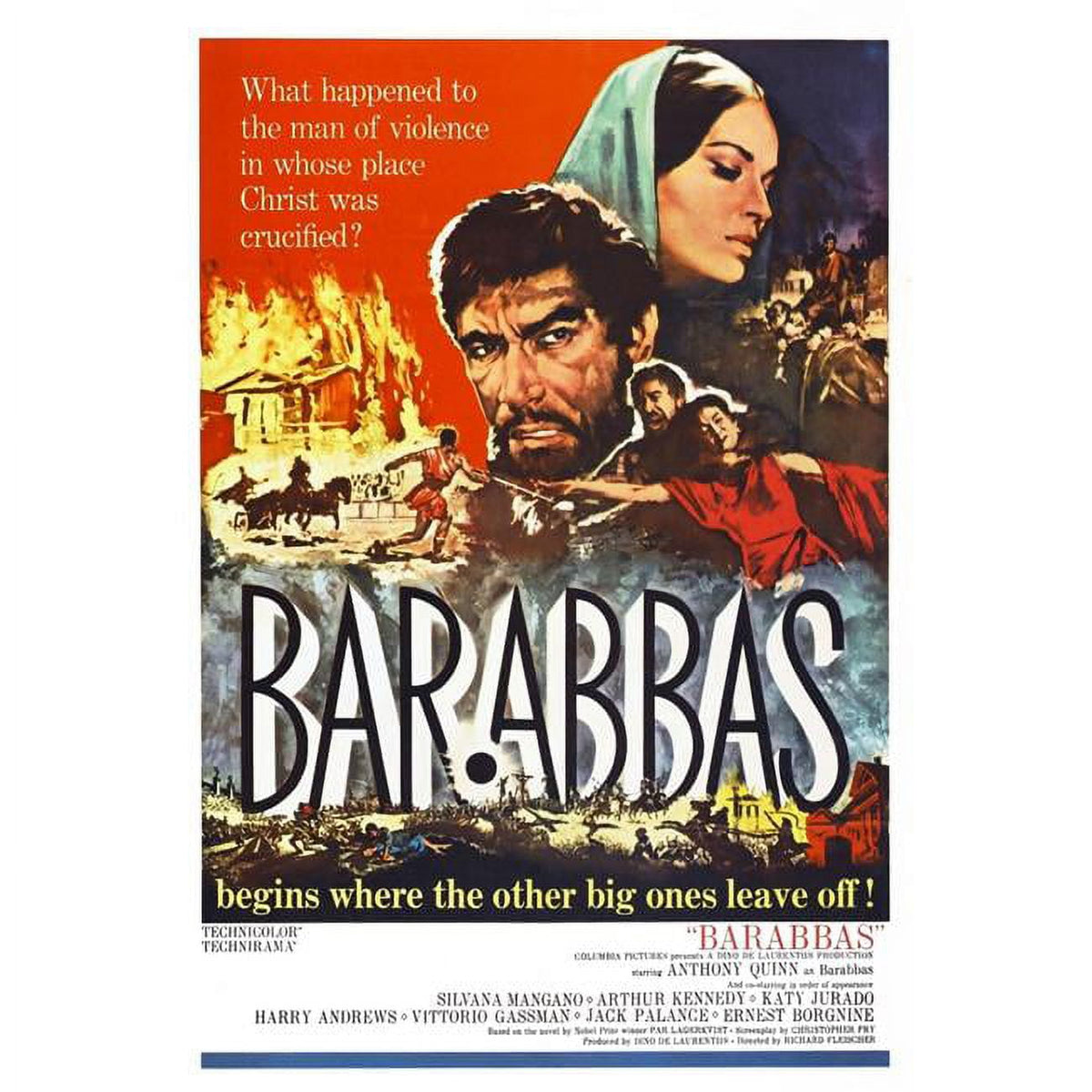 Barabbas movie poster featuring Anthony Quinn and Silvana Mangano, 1962 film art print.