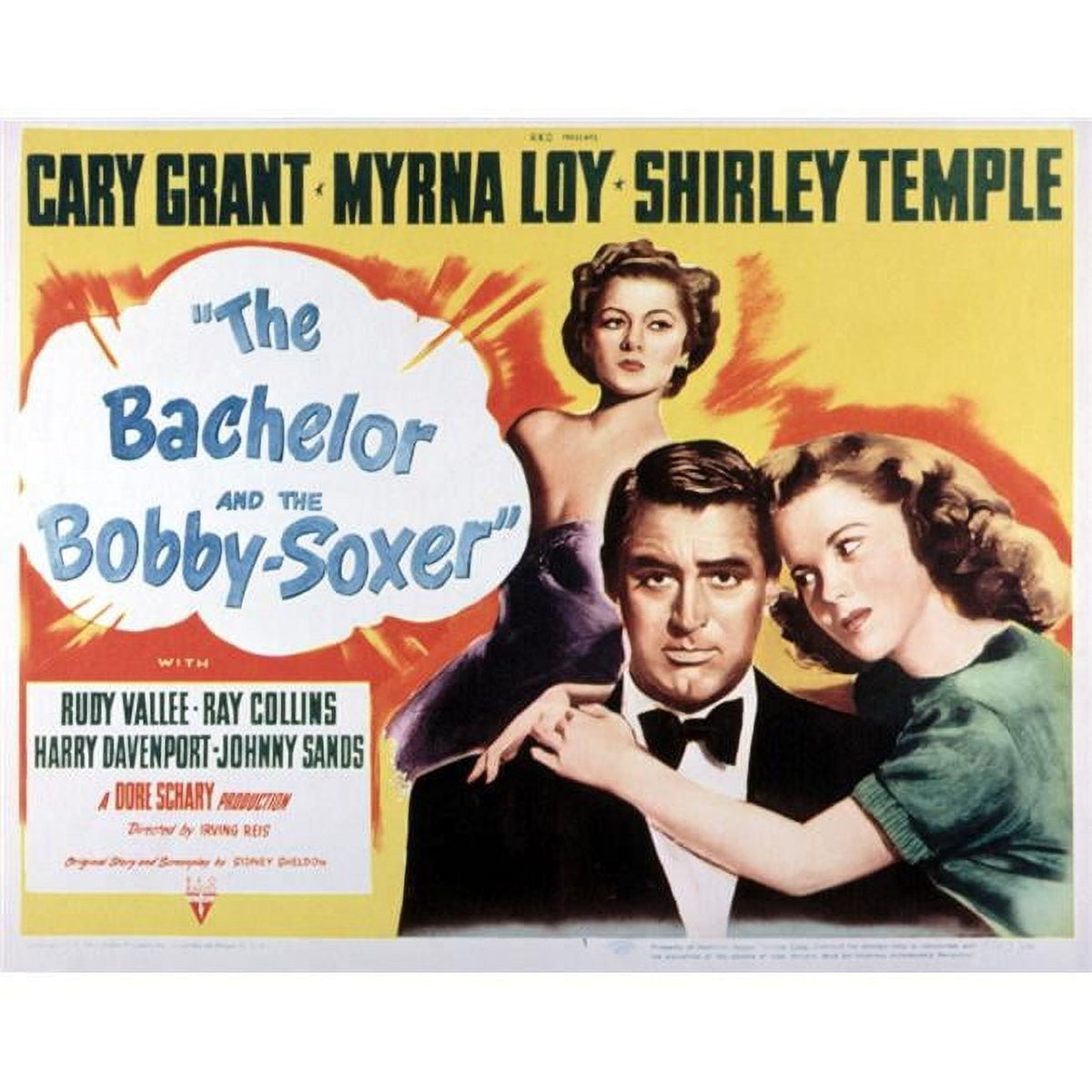 The Bachelor and the Bobby-Soxer movie poster featuring Cary Grant, Shirley Temple, and Myrna Loy