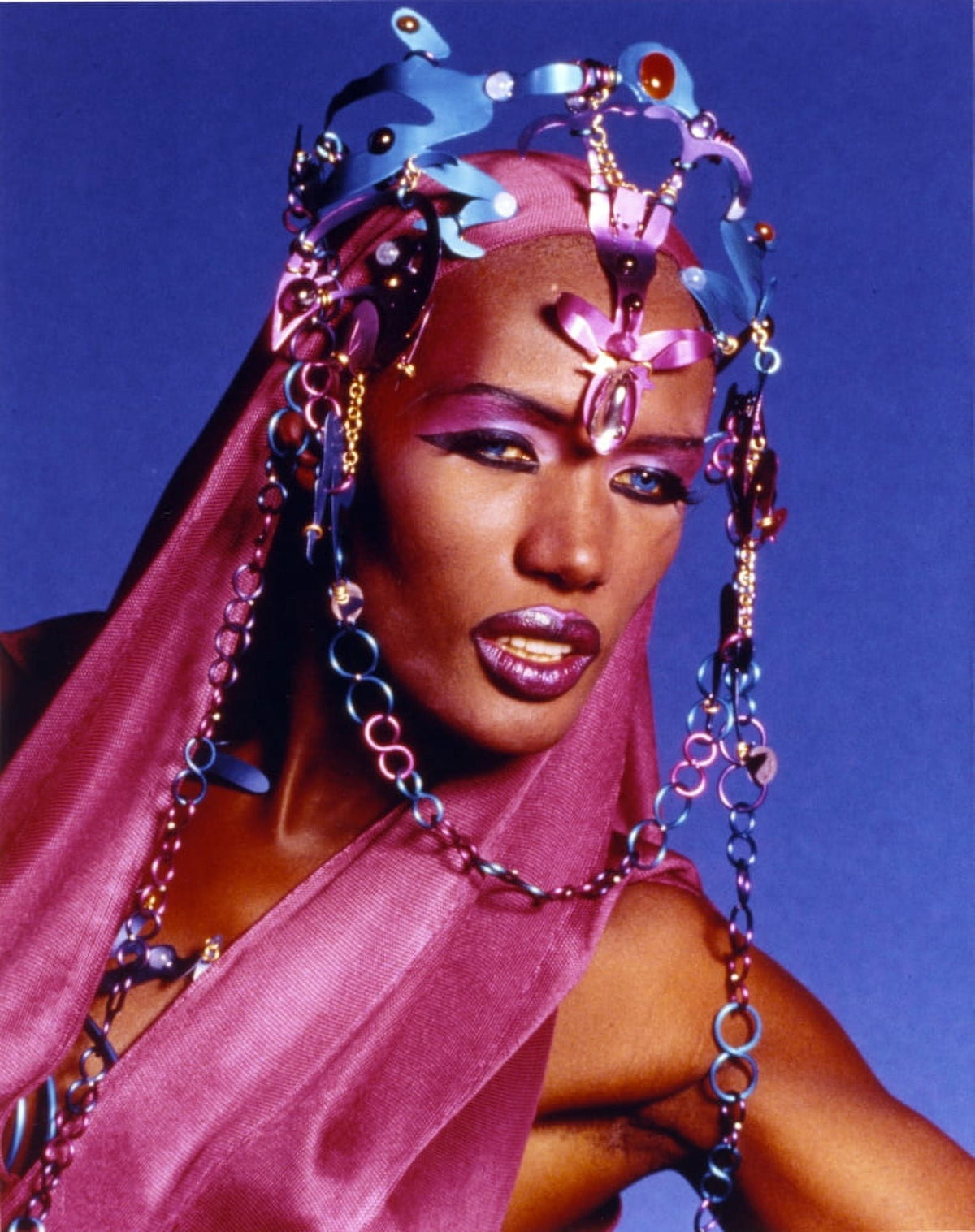 Grace Jones Portrait Photo Print in Blue, available in multiple sizes.