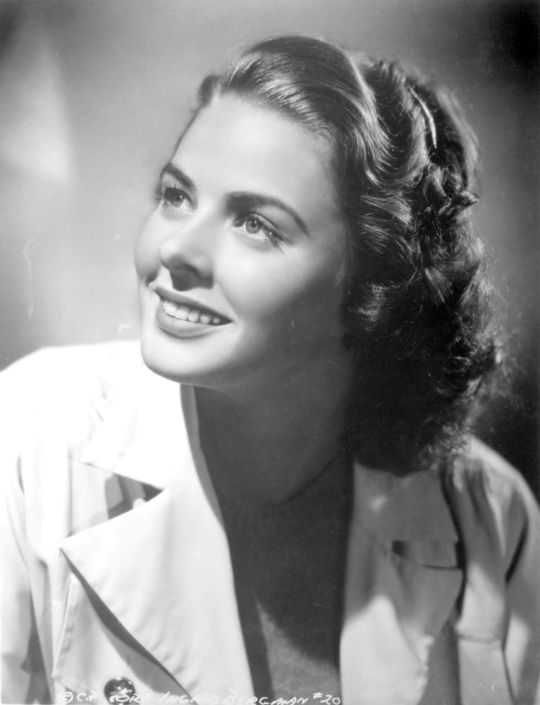 Ingrid Bergman smiling photo print capturing classic Hollywood charm.