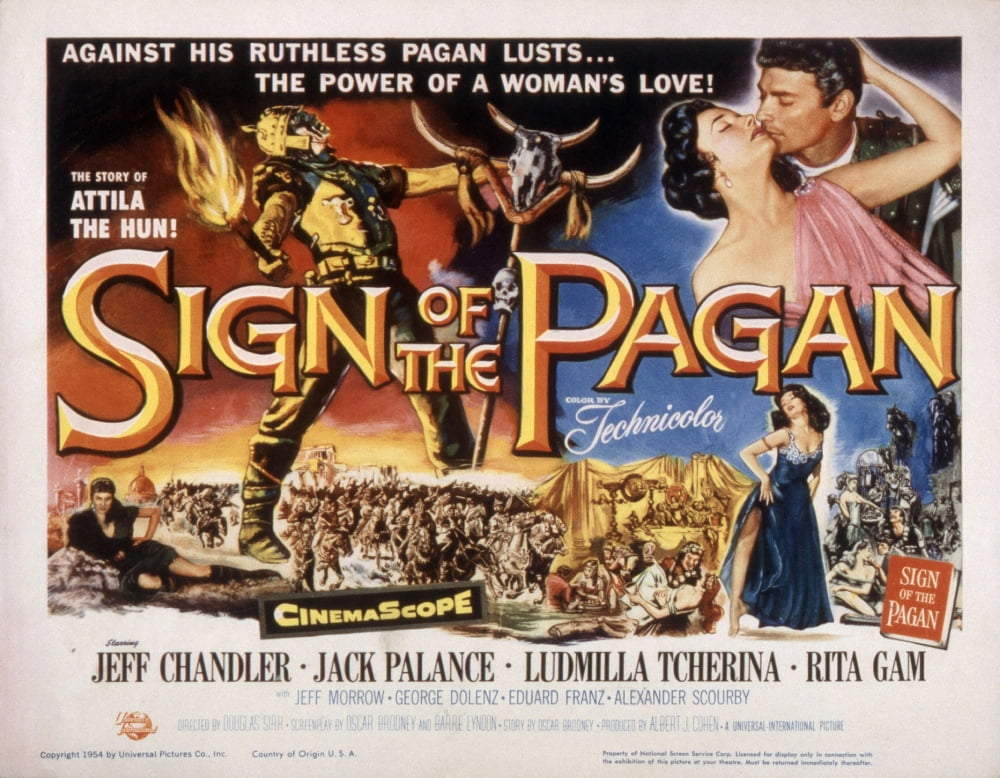 Sign of the Pagan movie poster print featuring Jeff Chandler and Rita Gam, 1954.