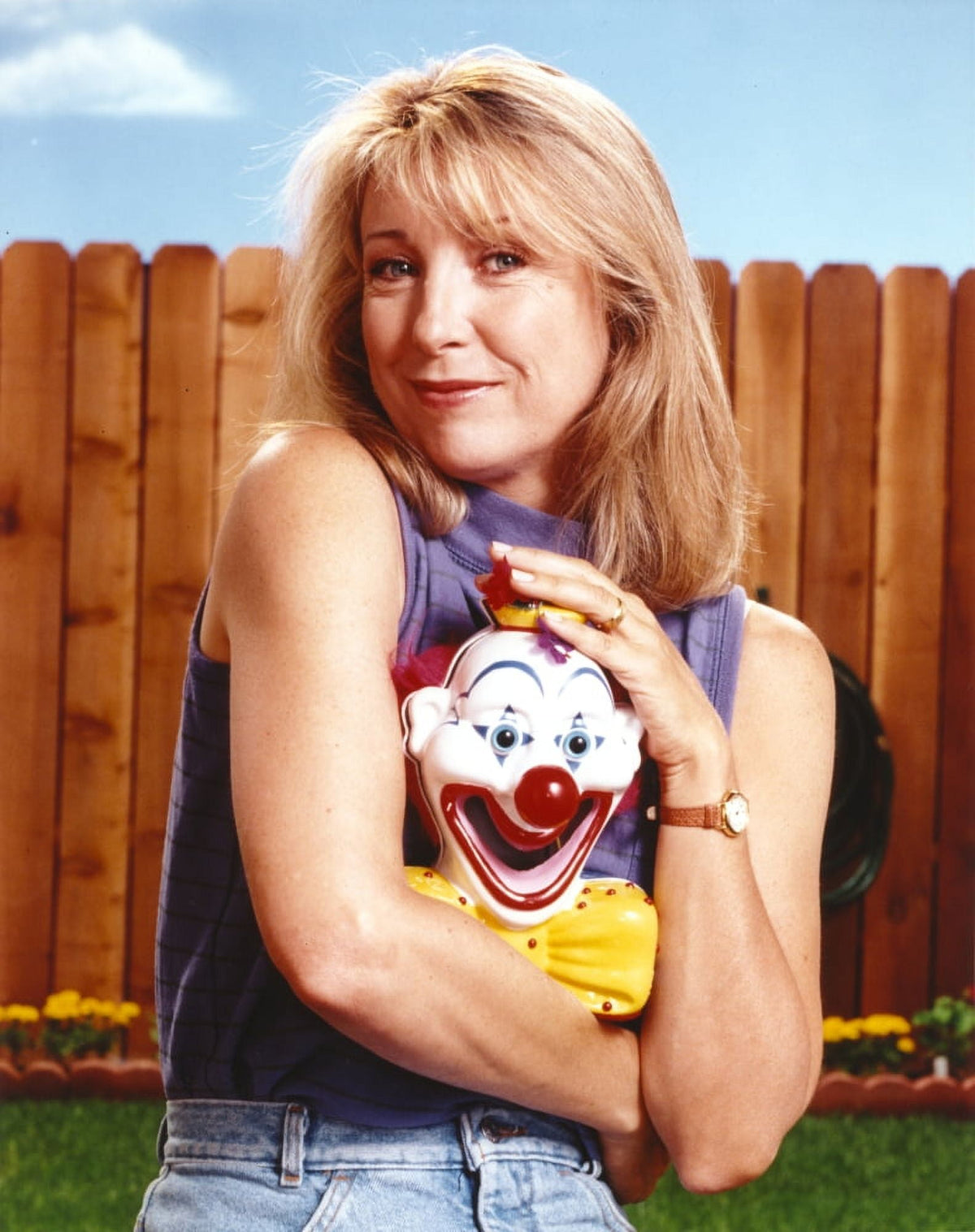 Teri Garr smiling portrait photo print in blue sleeveless shirt.