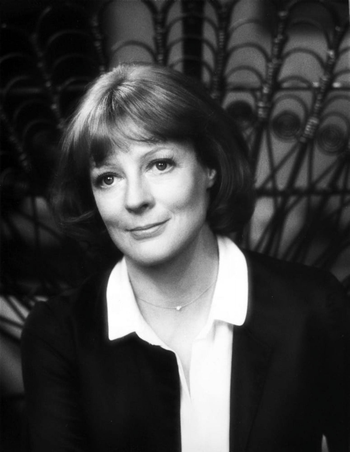 Elegant black and white portrait photo print of Maggie Smith smiling.