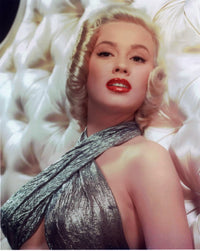 Mamie Van Doren photo print in silver crossover dress