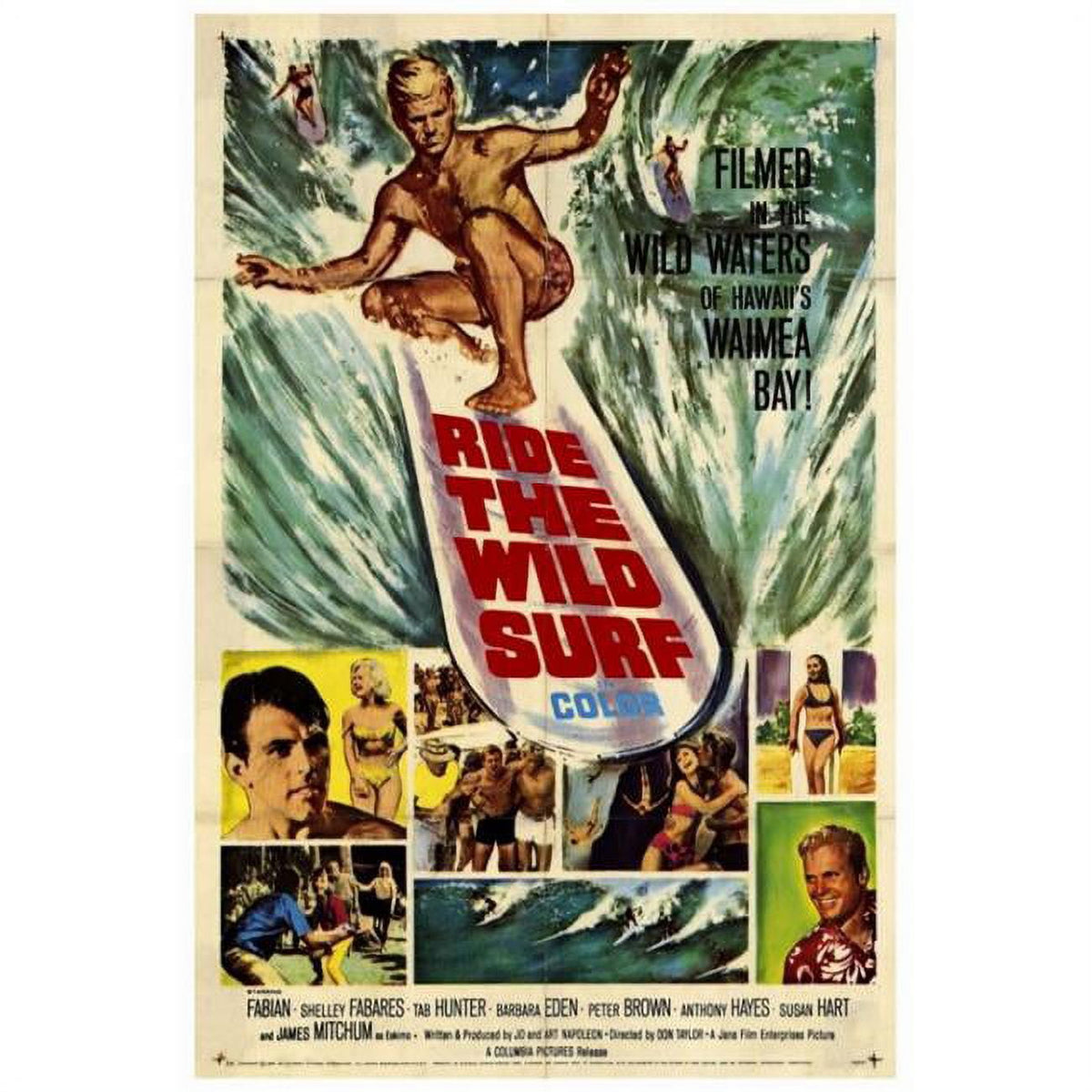 Ride the Wild Surf movie poster print in vibrant colors, perfect for surf enthusiasts.