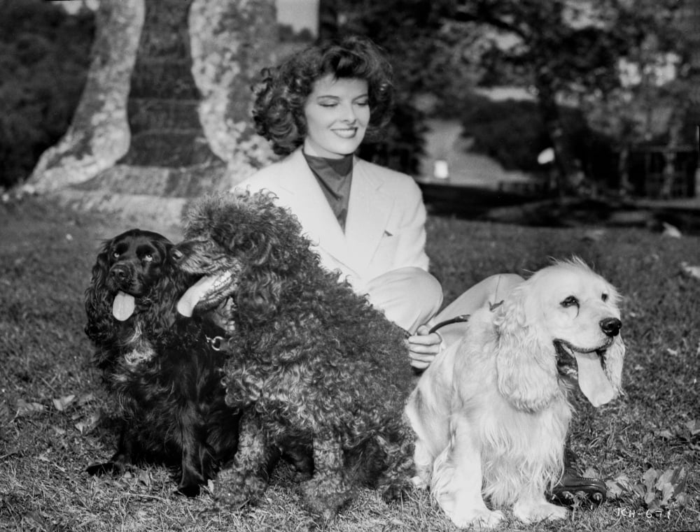 Katharine Hepburn in white dress with dog photo print