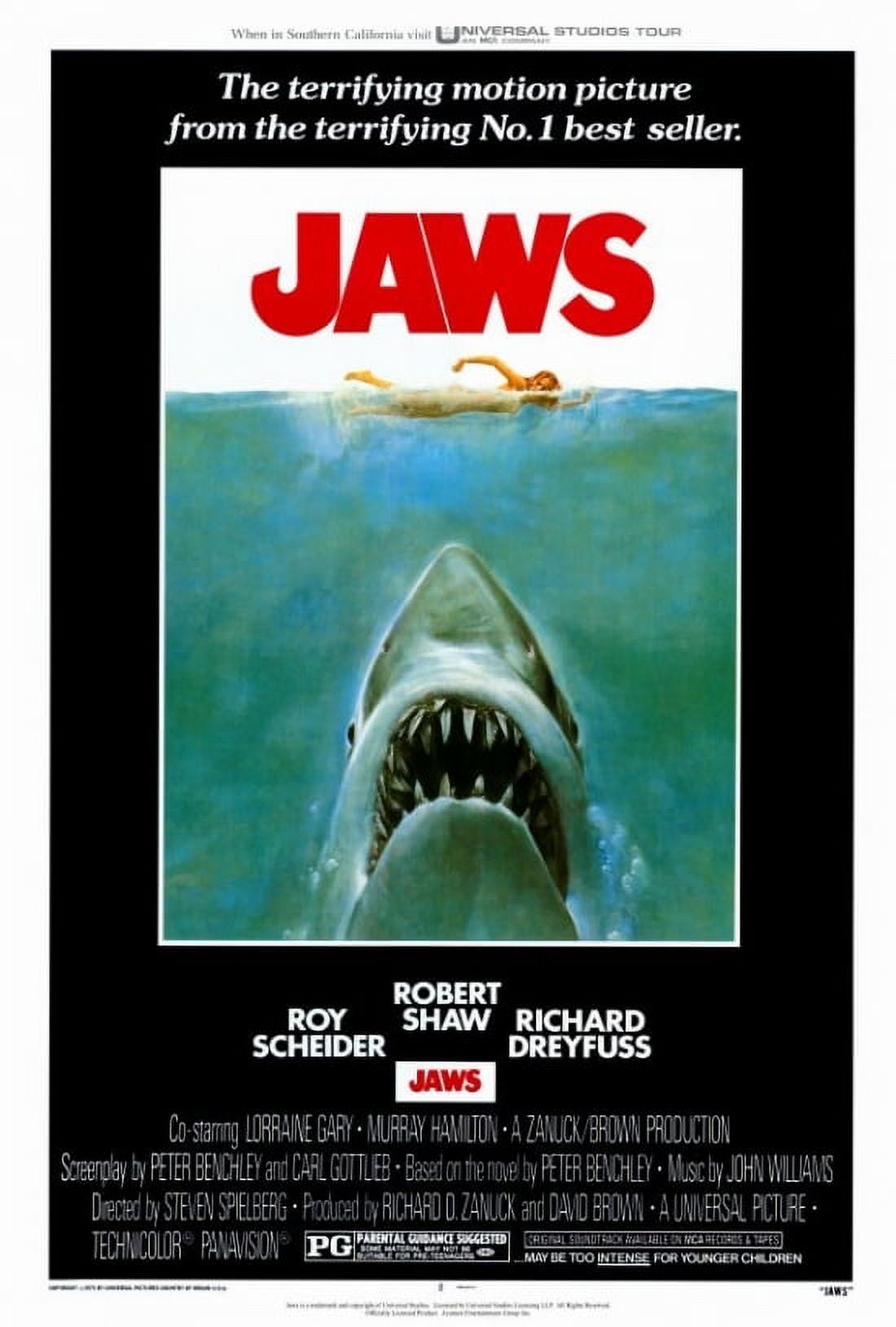 Jaws Movie Poster Print featuring a great white shark in a classic horror film design.