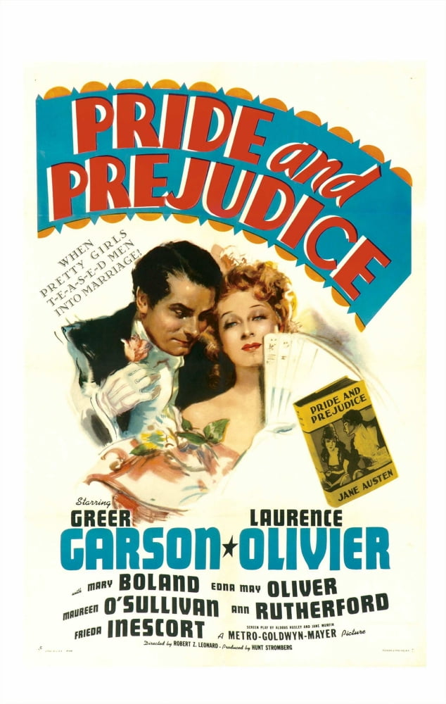 Pride and Prejudice movie poster print featuring Laurence Olivier and Greer Garson, 1940 classic film.