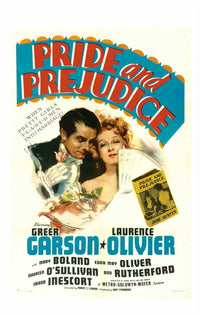Pride and Prejudice movie poster print featuring Laurence Olivier and Greer Garson, 1940 classic film.