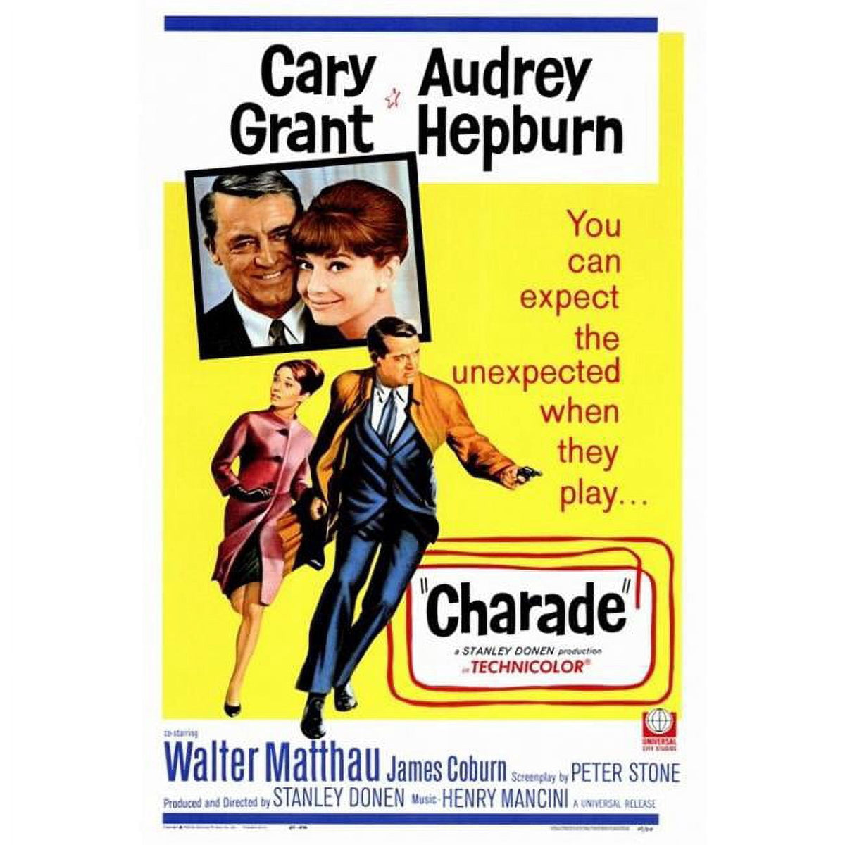 Charade Movie Poster Print in 27x40 size featuring Audrey Hepburn and Cary Grant.