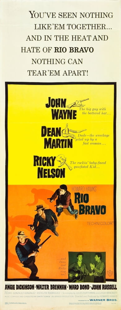 Rio Bravo Movie Poster featuring John Wayne, Dean Martin, and Ricky Nelson in 1959 classic film art.