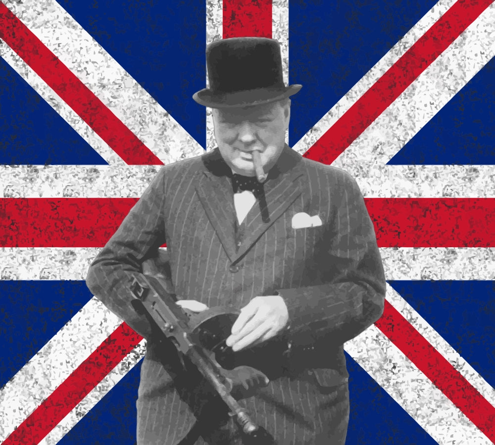 Digitally restored vector photo of Winston Churchill with Tommy Gun poster print.