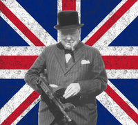 Digitally restored vector photo of Winston Churchill with Tommy Gun poster print.