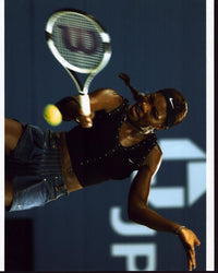 Serena Williams playing tennis in studded top action photo print.