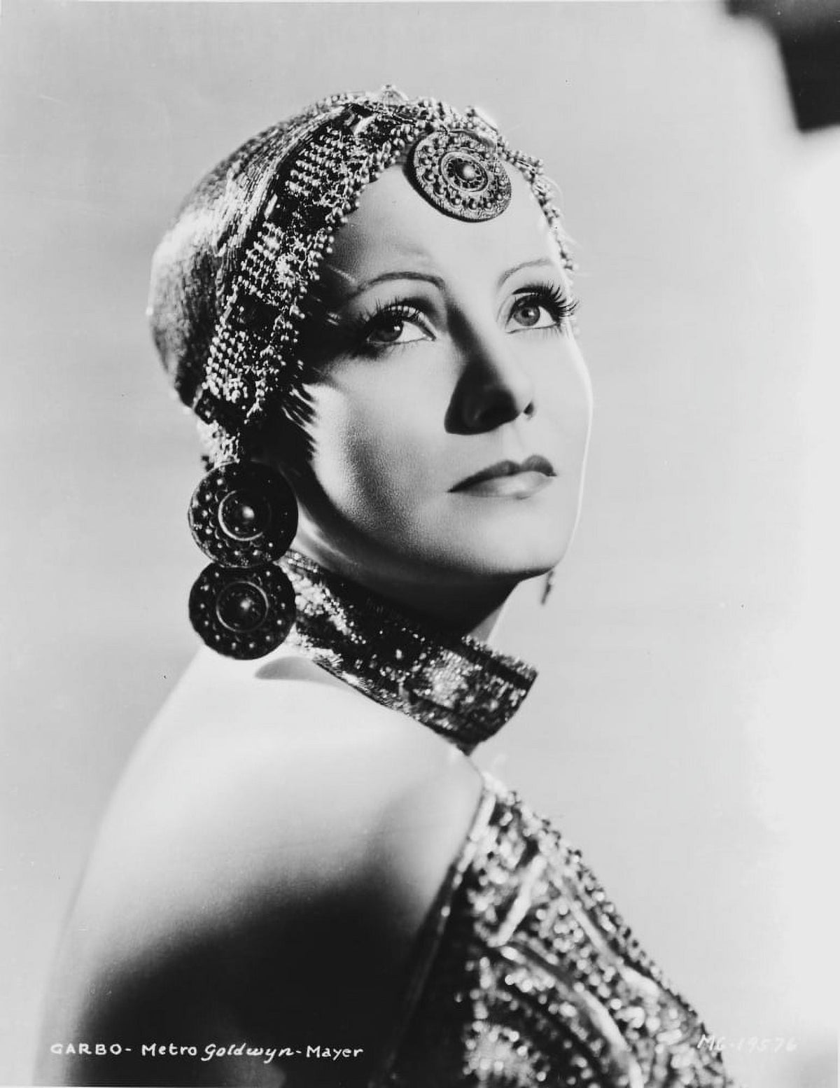 Greta Garbo photo print in a beaded backless dress, vintage Hollywood art.