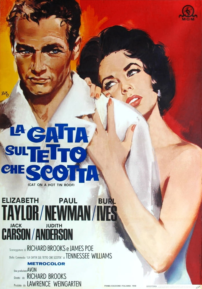 Cat on a Hot Tin Roof movie poster featuring Paul Newman and Elizabeth Taylor from the 1958 film.