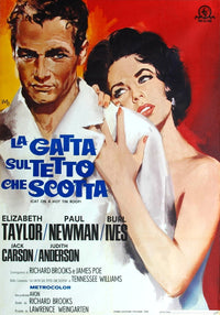 Cat on a Hot Tin Roof movie poster featuring Paul Newman and Elizabeth Taylor from the 1958 film.