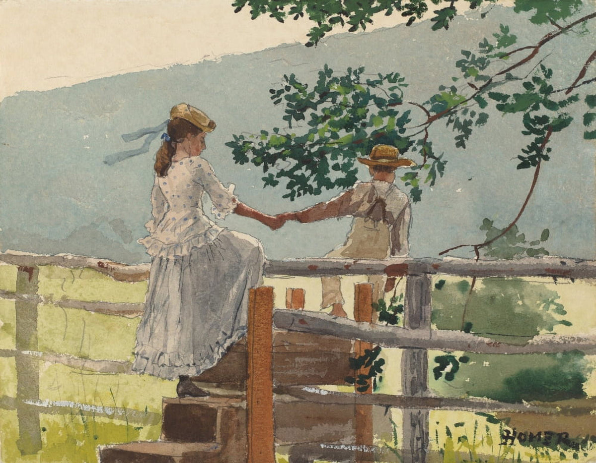 On The Stile watercolor print by Winslow Homer featuring a boy and girl crossing a farm fence.