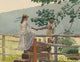 On The Stile watercolor print by Winslow Homer featuring a boy and girl crossing a farm fence.
