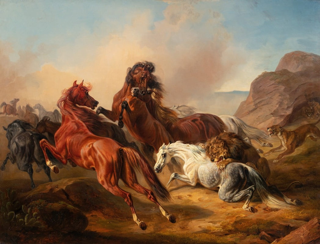 Horses Attacked by Lions Fine Art Print by Franz Adam