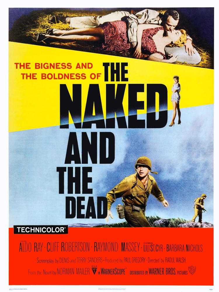 The Naked and the Dead movie poster art featuring Aldo Ray, Barbara Nichols, Lili St. Cyr, and Cliff Robertson, 1958.