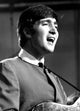 John Lennon singing photo print, iconic music legend.