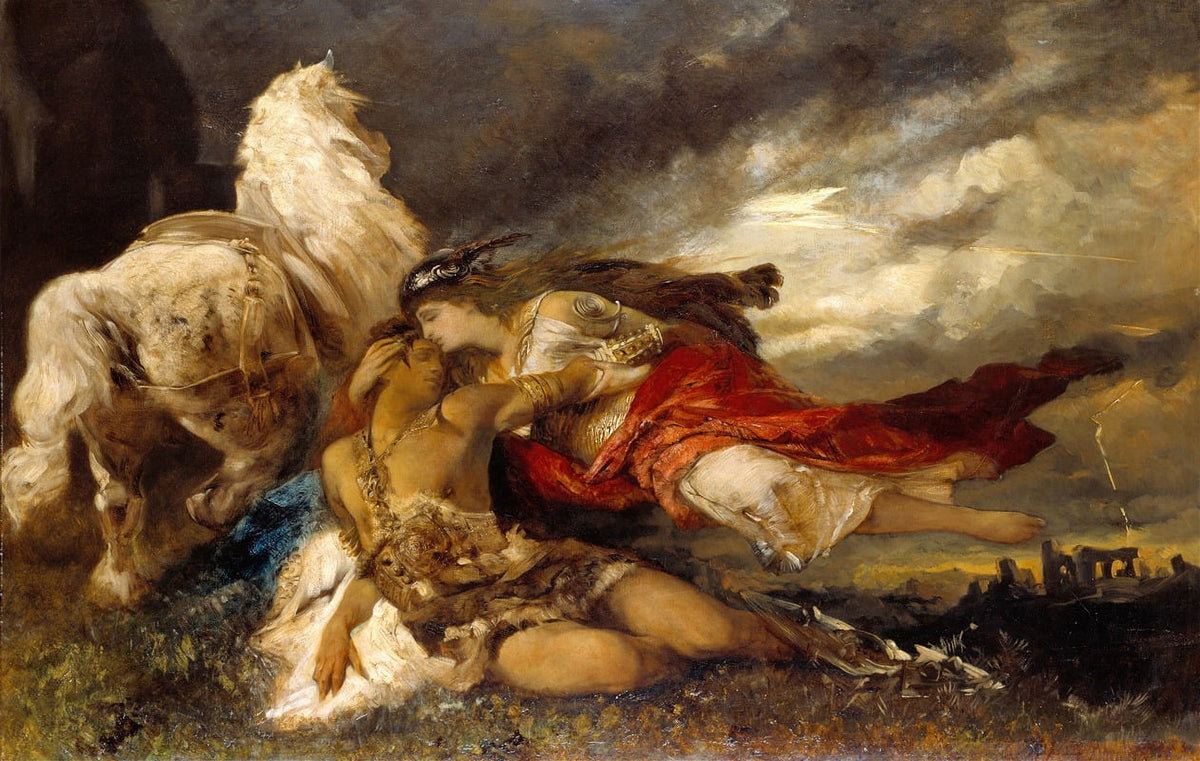 Valkyrie and a Dying Hero Art Print by Hans Makart, featuring dramatic imagery.