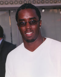 Sean Combs styled photo print, posed in white shirt, perfect for home decor.