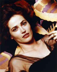 Close-up portrait photo print of Kim Delaney in a black dress.