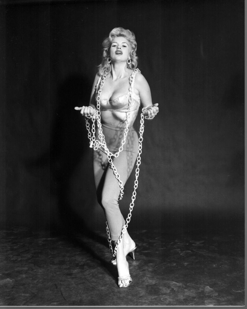 Black and white photo print of Jayne Mansfield in chains