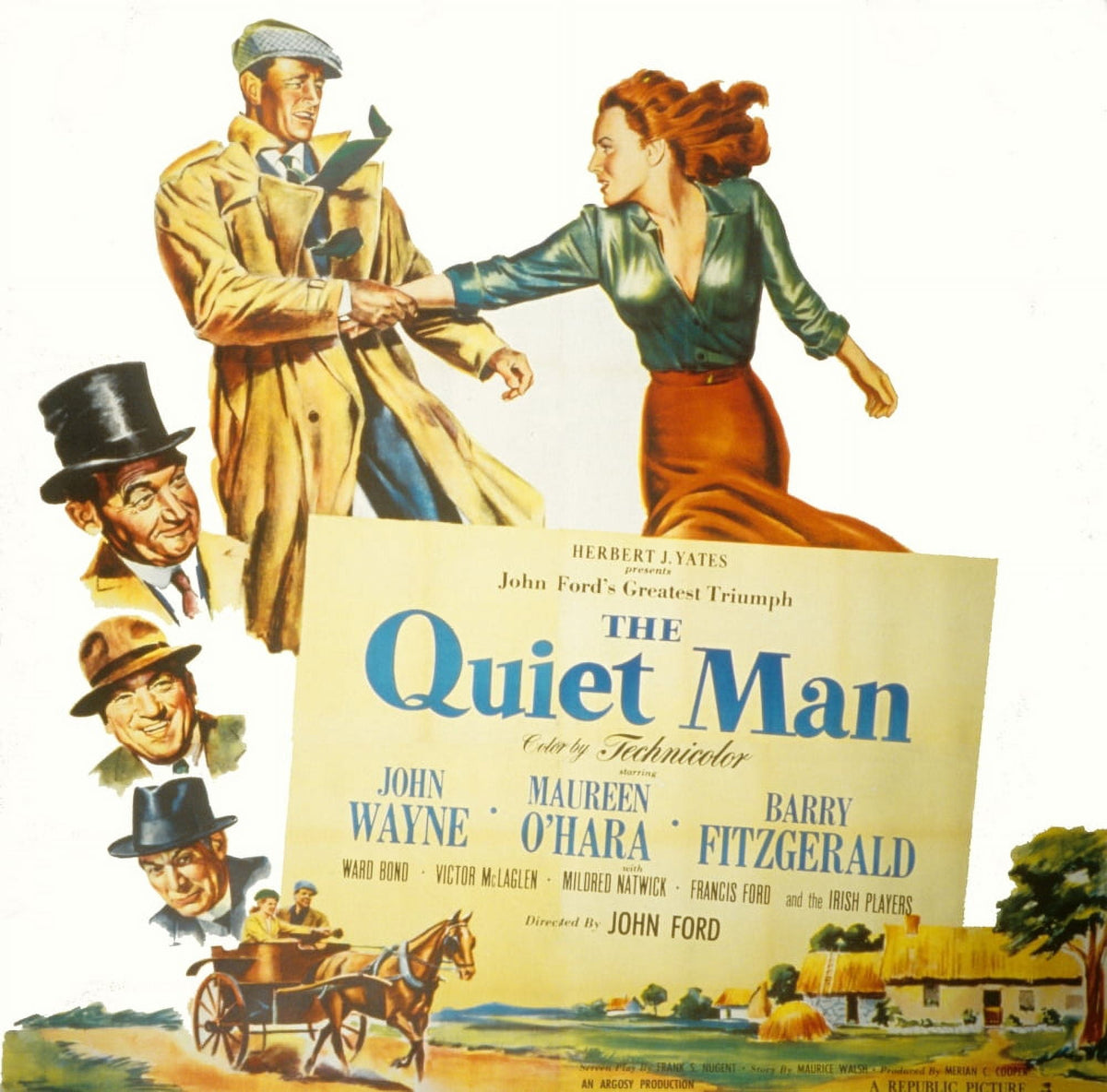 The Quiet Man movie poster featuring John Wayne, Maureen O'Hara, and Barry Fitzgerald.