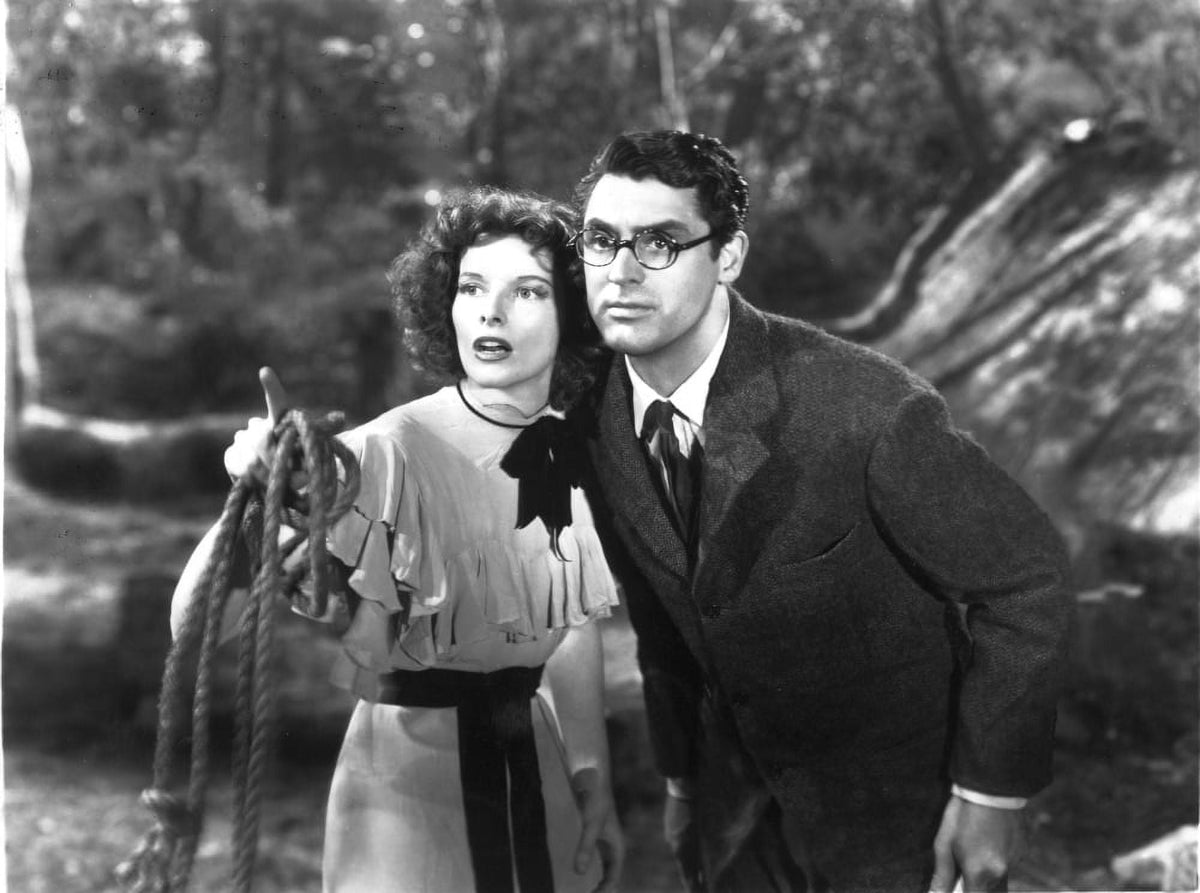 Bringing Up Baby photo print featuring Katharine Hepburn and Cary Grant from the 1938 classic film.