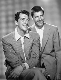 Martin and Lewis photo print in patterned blazers, vintage comedy art.