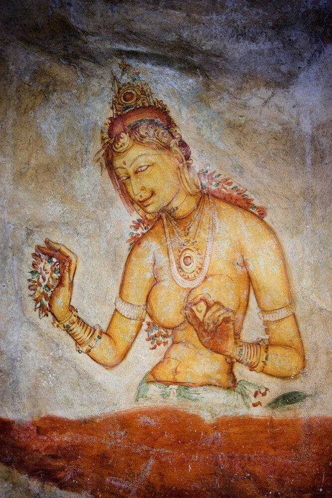 Maidens Among Clouds Sigiriya Fresco Poster Print showcasing ancient Sri Lankan art.