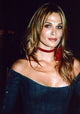 Molly Sims denim corset photo print with button sleeves and red choker.