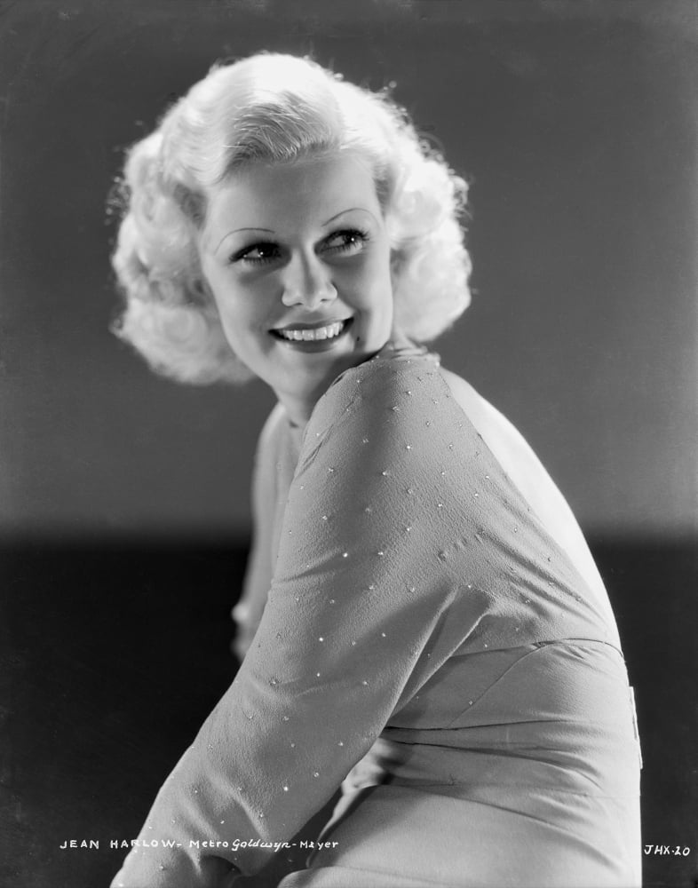 Jean Harlow elegant portrait photo print in silk robe and black pelt.