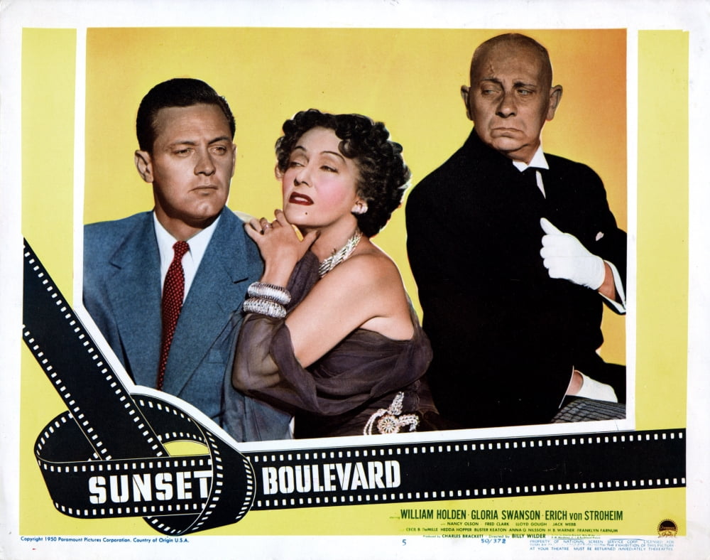 Sunset Boulevard movie poster featuring William Holden, Gloria Swanson, and Erich Von Stroheim, 14x11 size.