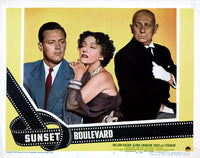 Sunset Boulevard movie poster featuring William Holden, Gloria Swanson, and Erich Von Stroheim, 14x11 size.