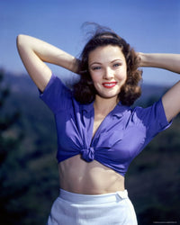 Gene Tierney vintage photo print with hands behind head in tied-off shirt