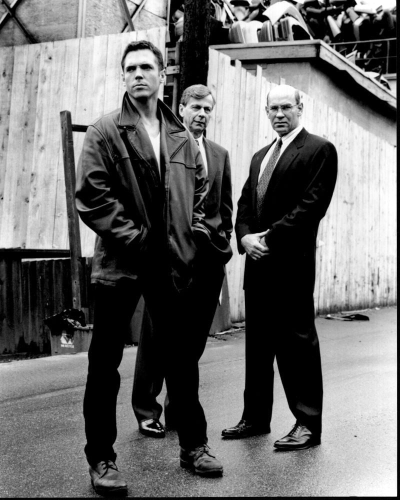 Black and white photo print of Nicholas Lea, William B. Davis, and Mitch Pileggi from The X-Files.